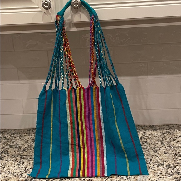 The Unbranded Brand Handbags - Oaxaca Mexican Blue Vibrant Multi Color Strippe Bag
